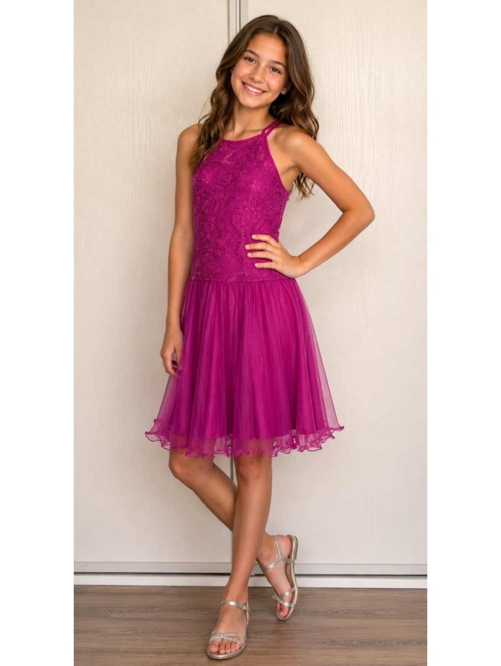 Windsor Purple Sequin Lace Halter Fit & Flare Party Dress Juniors Size 5